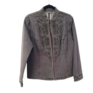 Chico's embroidered sequin  cotten gray large jean jacket
